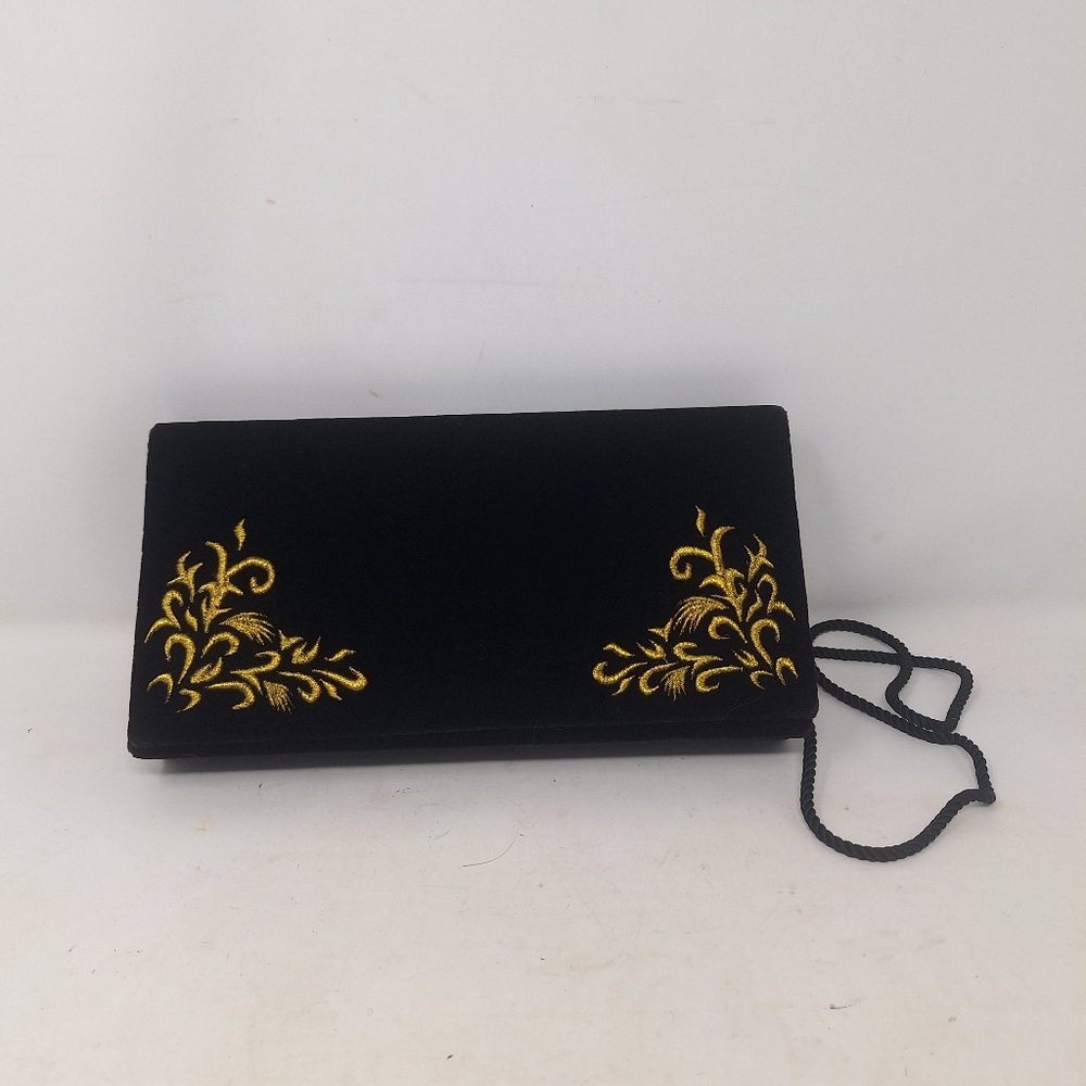 Saks Fifth Avenue Black Velvet Gold Embroidery Evening Bag Crossbody Formal Glam